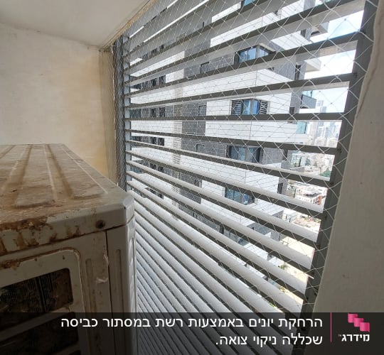 רשת מתכת על חלון למניעת כניסת יונים